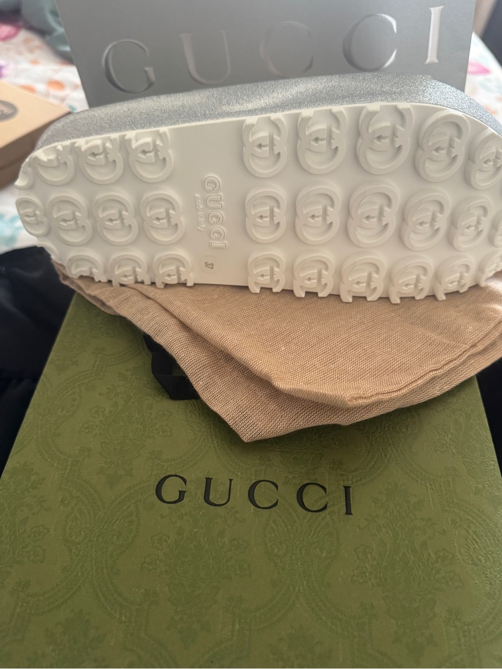 Gucci Silver Slide with White GG-Embossed Sole